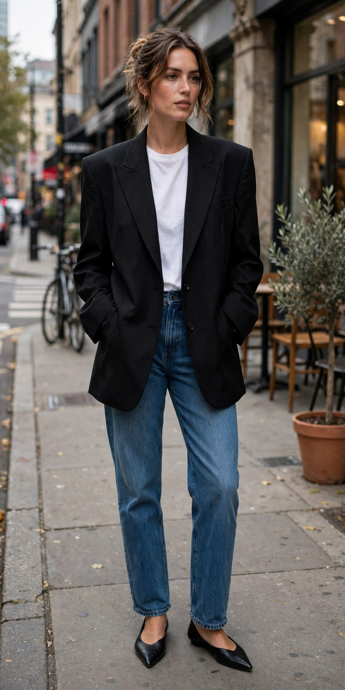 Woman wearing an oversized black blazer with strong shoulders over straight jeans and pointed flats, runway-inspired street style