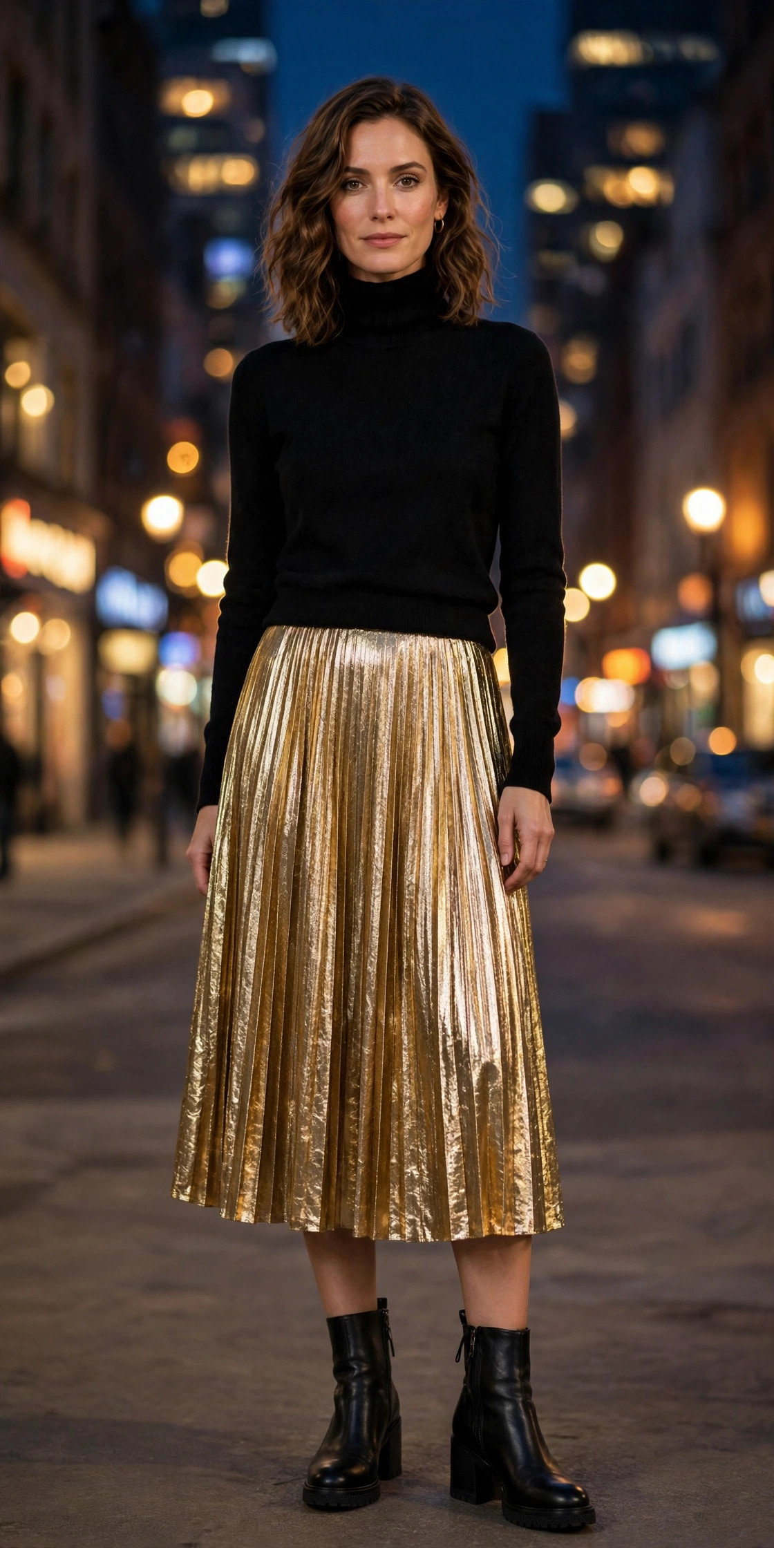 Woman in a gold lamé metallic midi skirt with a black turtleneck, liquid metallic runway look for real life
