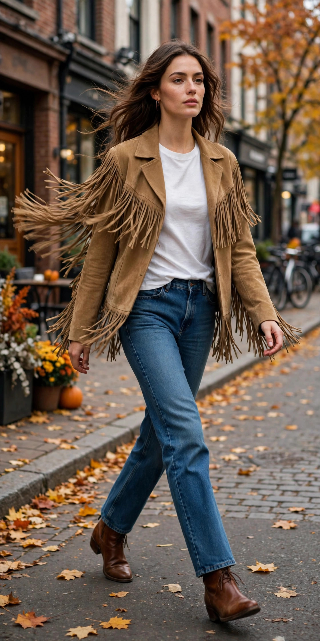 Woman wearing a tan suede fringe jacket over a white top and jeans, fringe runway trend street style