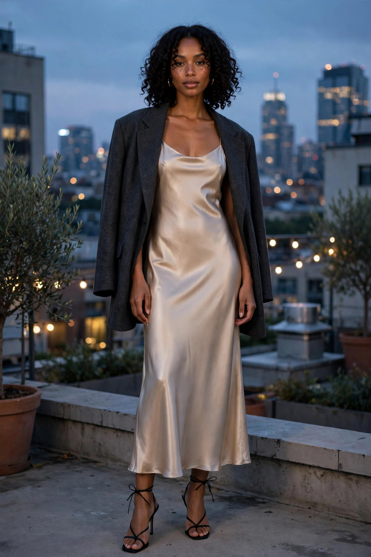 Woman in a champagne satin slip dress layered with an oversized blazer at dusk, elevated slip dress runway look