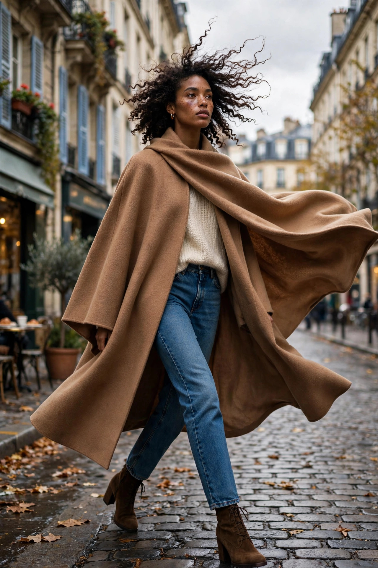 Woman in a dramatic long camel wool cape coat over jeans and a sweater on a city street, statement coat runway look