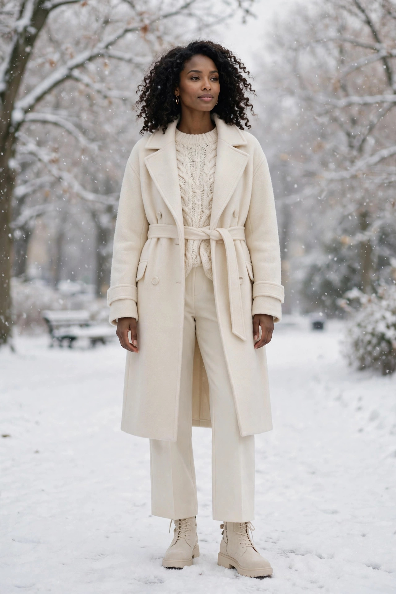 Woman in an all-cream tonal monochrome outfit with knit sweater, wool coat and boots, runway-inspired tonal dressing