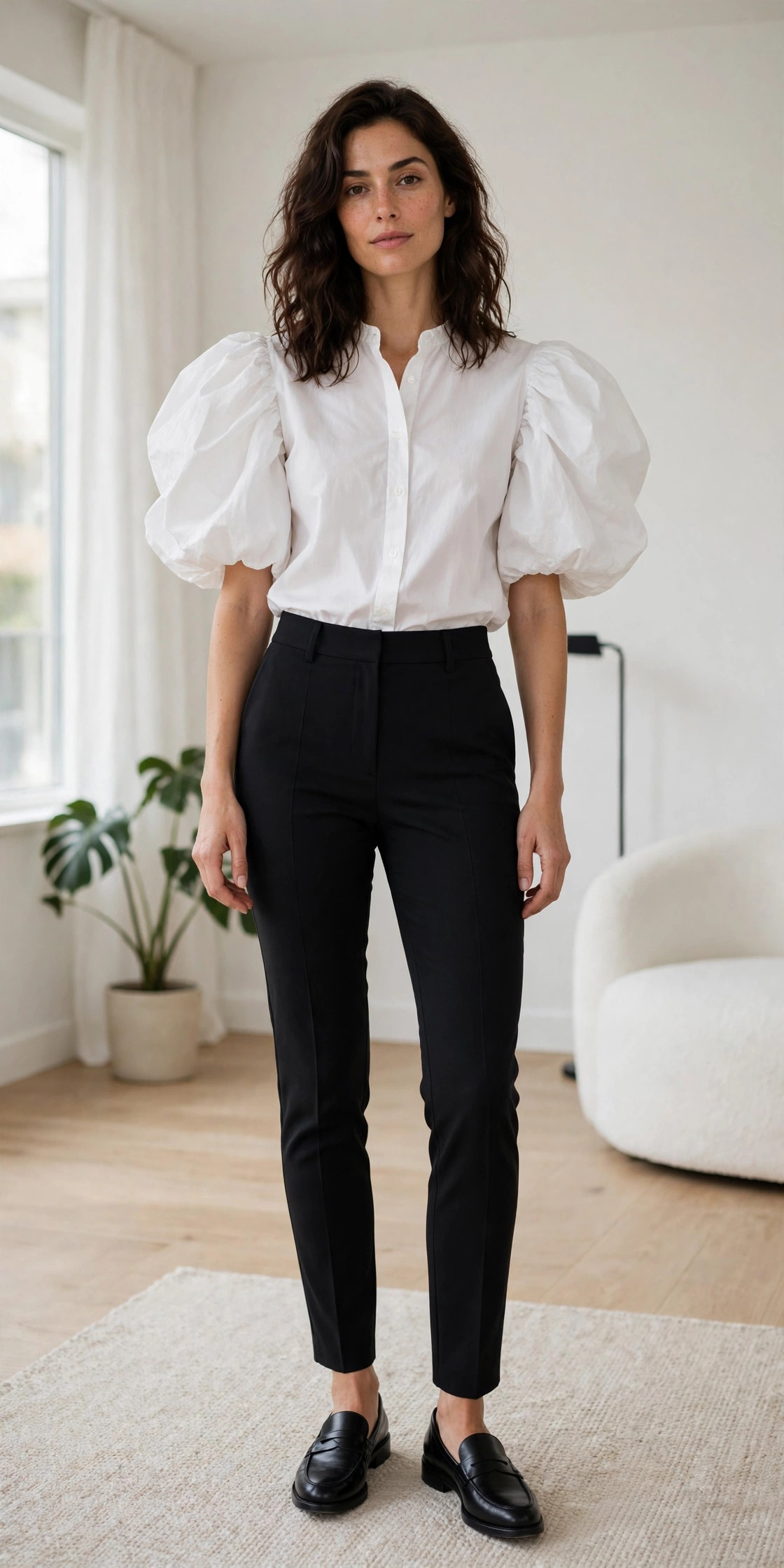 Woman in a white puff-sleeve blouse with slim black trousers, volume-sleeve runway trend street style