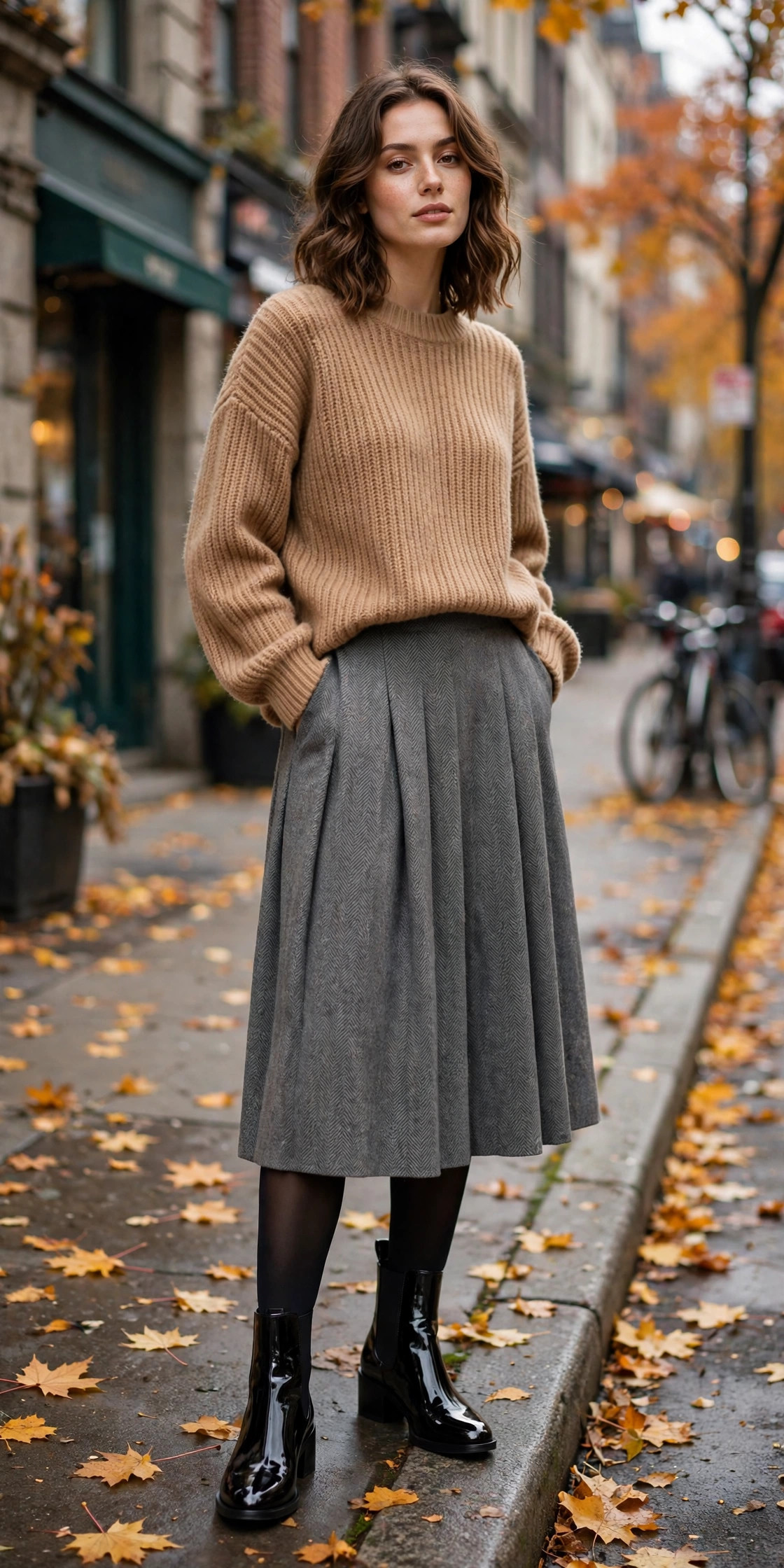 Woman wearing patent black ankle boots with a wool midi skirt, high-shine accent runway styling
