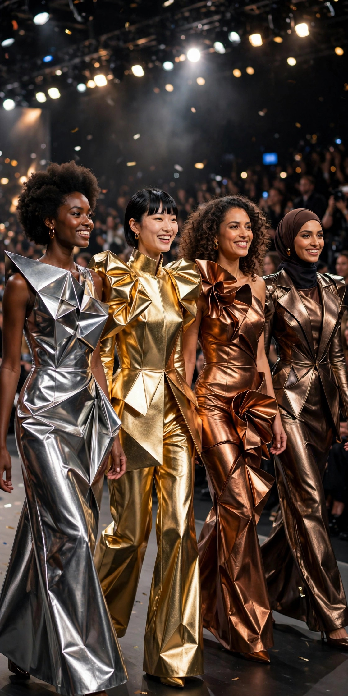 Models walking a fashion week runway finale in dramatic designer looks, runway looks inspiration