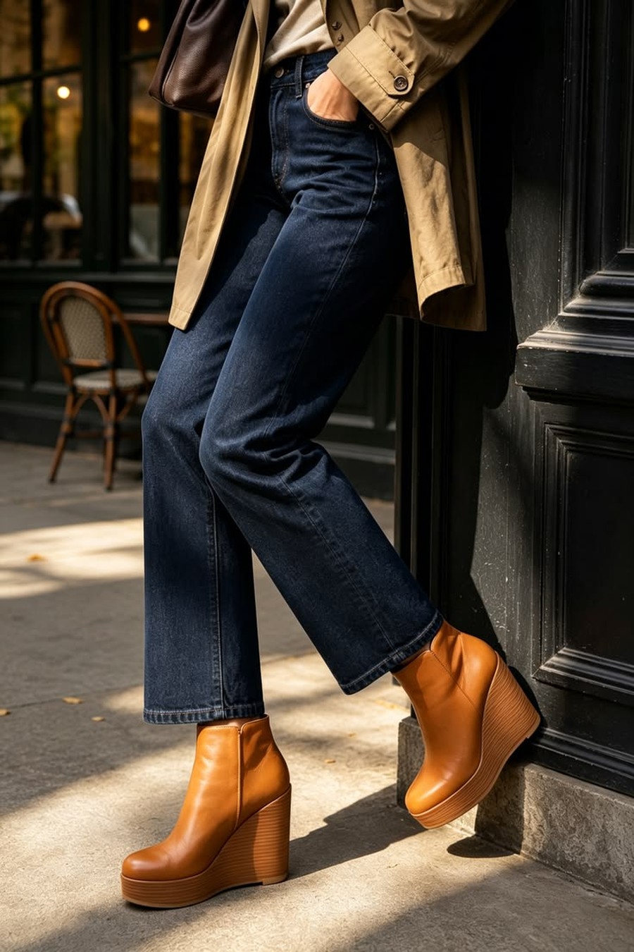 Close-up of tan heeled ankle boots with dark jeans under a trench coat