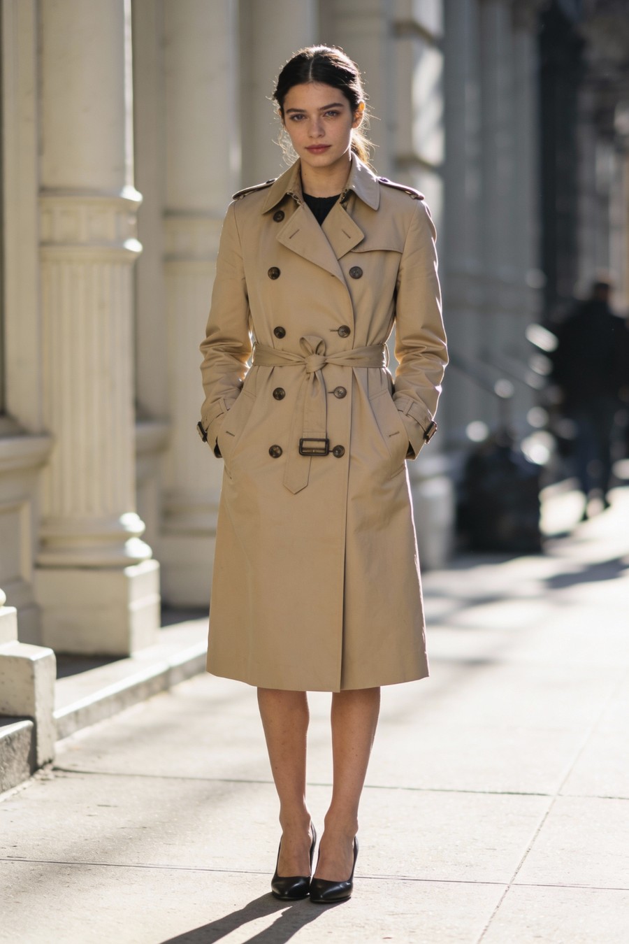 Double-breasted beige trench coat with black pointed heels