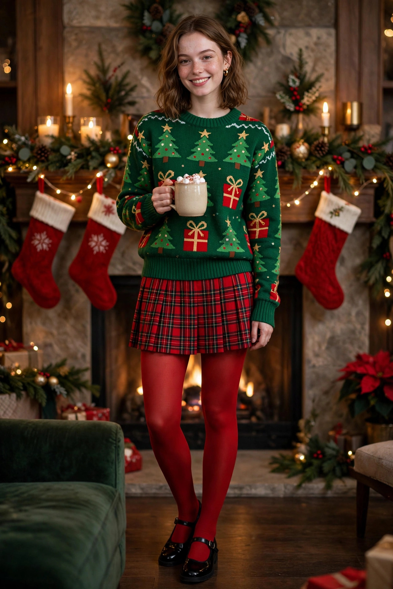 Woman in a green Christmas tree ugly sweater with a red plaid mini skirt, red tights and black Mary Jane shoes holding hot cocoa