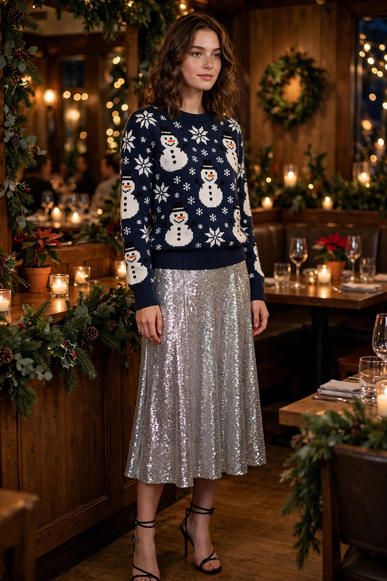Woman wearing a navy snowman ugly Christmas sweater tucked into a silver sequin midi skirt with strappy black heels