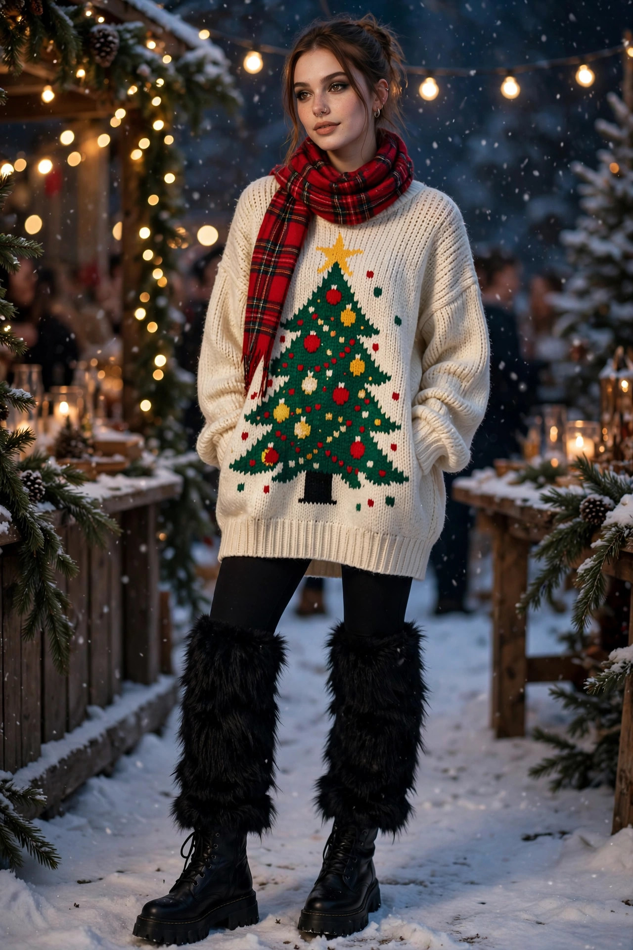 Woman wearing a cream Christmas tree ugly sweater as a sweater dress with faux-fur leg warmers, combat boots and a red plaid scarf